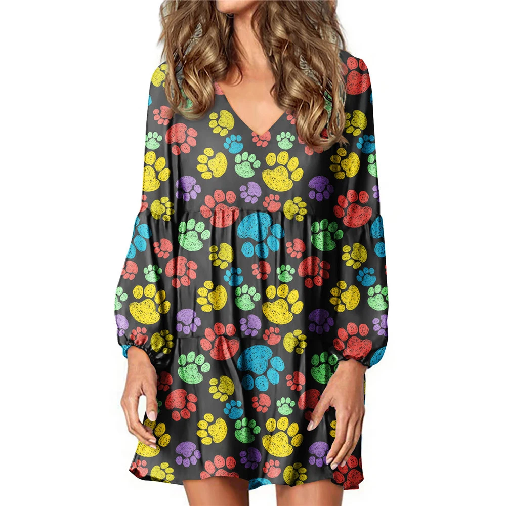 Noisydesigns Fashion Long Sleeves V-Neck Dress Colorful Dog Paw Pattern Printing Ladies Flowy Shift Ruffle Vestidos De Mujer