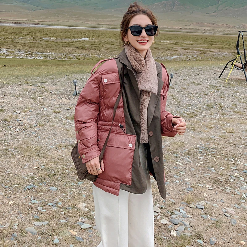 Autumn Winter 2021 Female Jackets Korean Trench New Suit Stitching Fake Two-Piece Short Thick Warm Loose Casual Women Coats Ins