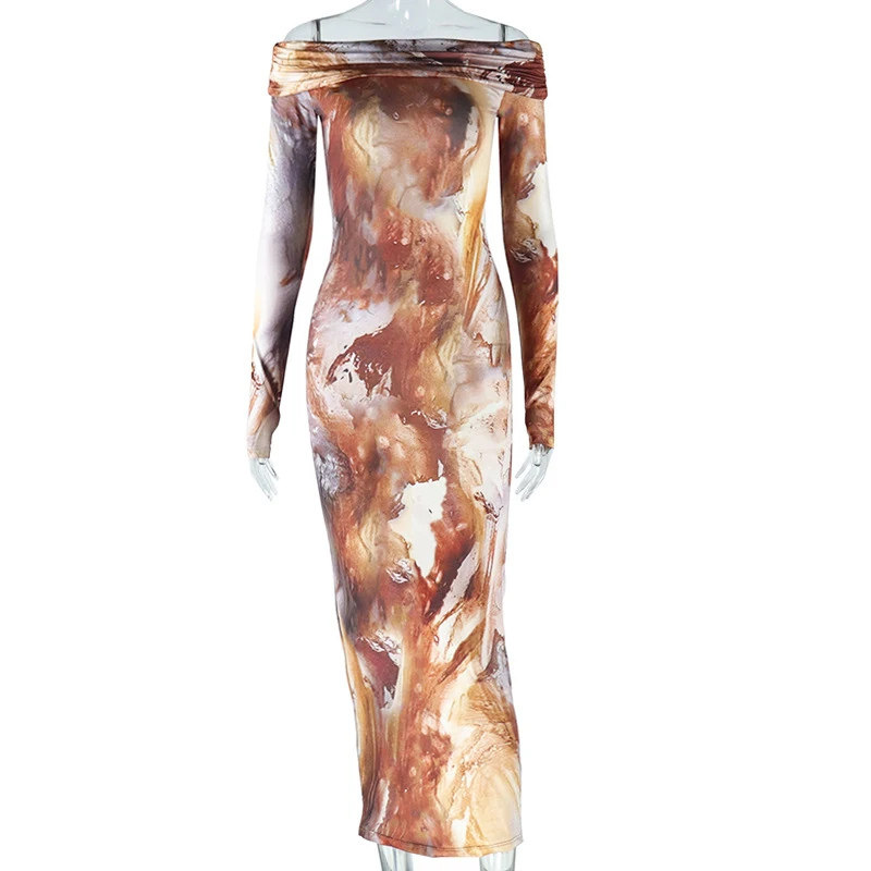 Женское облегающее длинное платье с принтом элегантное вечернее открытыми