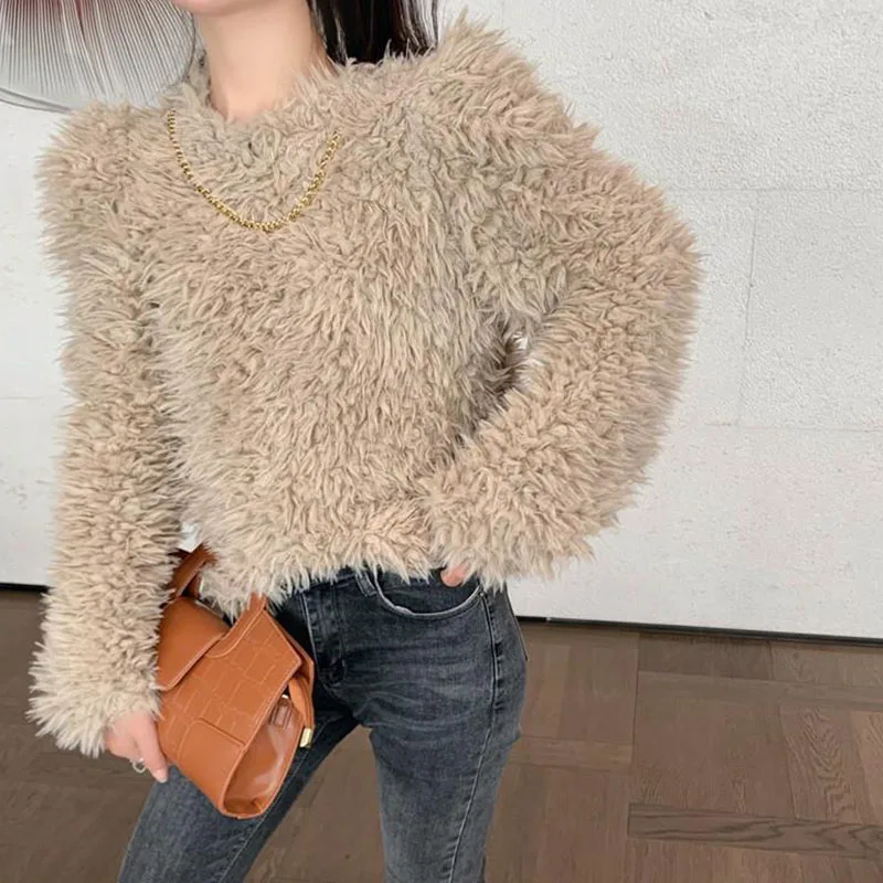 

Women's Short Plush Pullover 2021 Autumn Winter Lamb Wool Sweatshirt Women Korean Fashion Metal Chain Hoodies Female