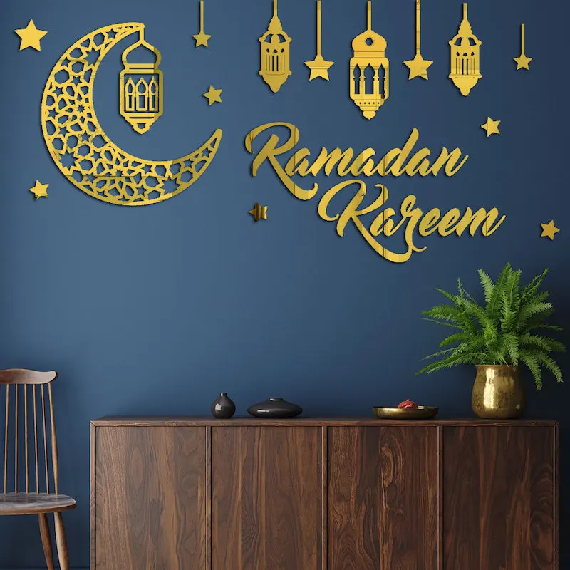 

Ramadan Kareem Sticker Muslim Acrylic 3D Mirror Wall Sticker Self-Adhesive Removable Wall Decal Ramadan Decor for Living Room