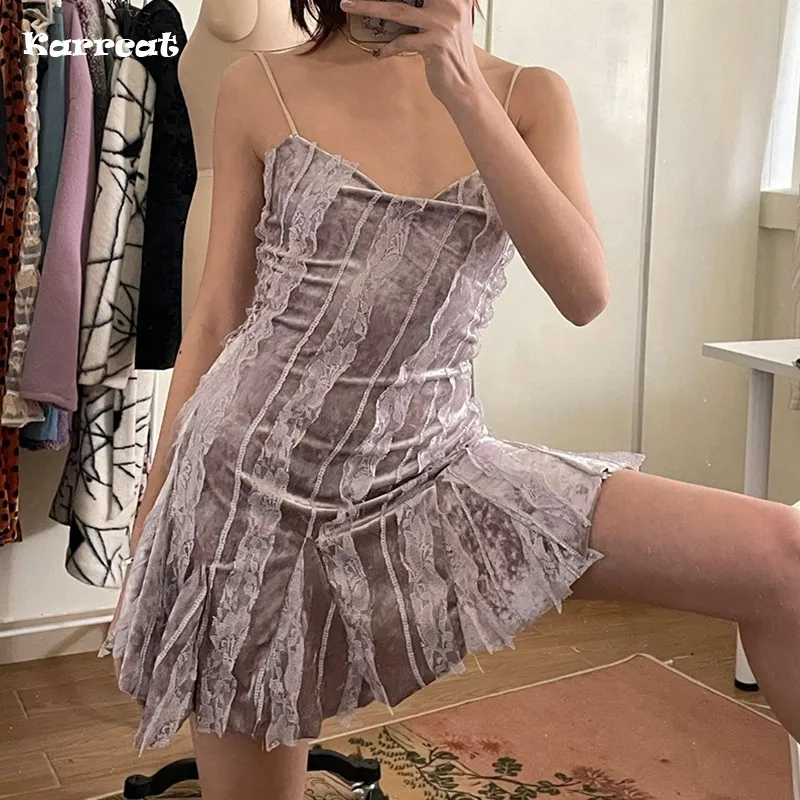 

Karrcat Vintage Lace Patchwork Dress Grunge Print Y2k Mini Dress Fairycore Spaghetti Strap Party Dresses Korean Style Vestidos