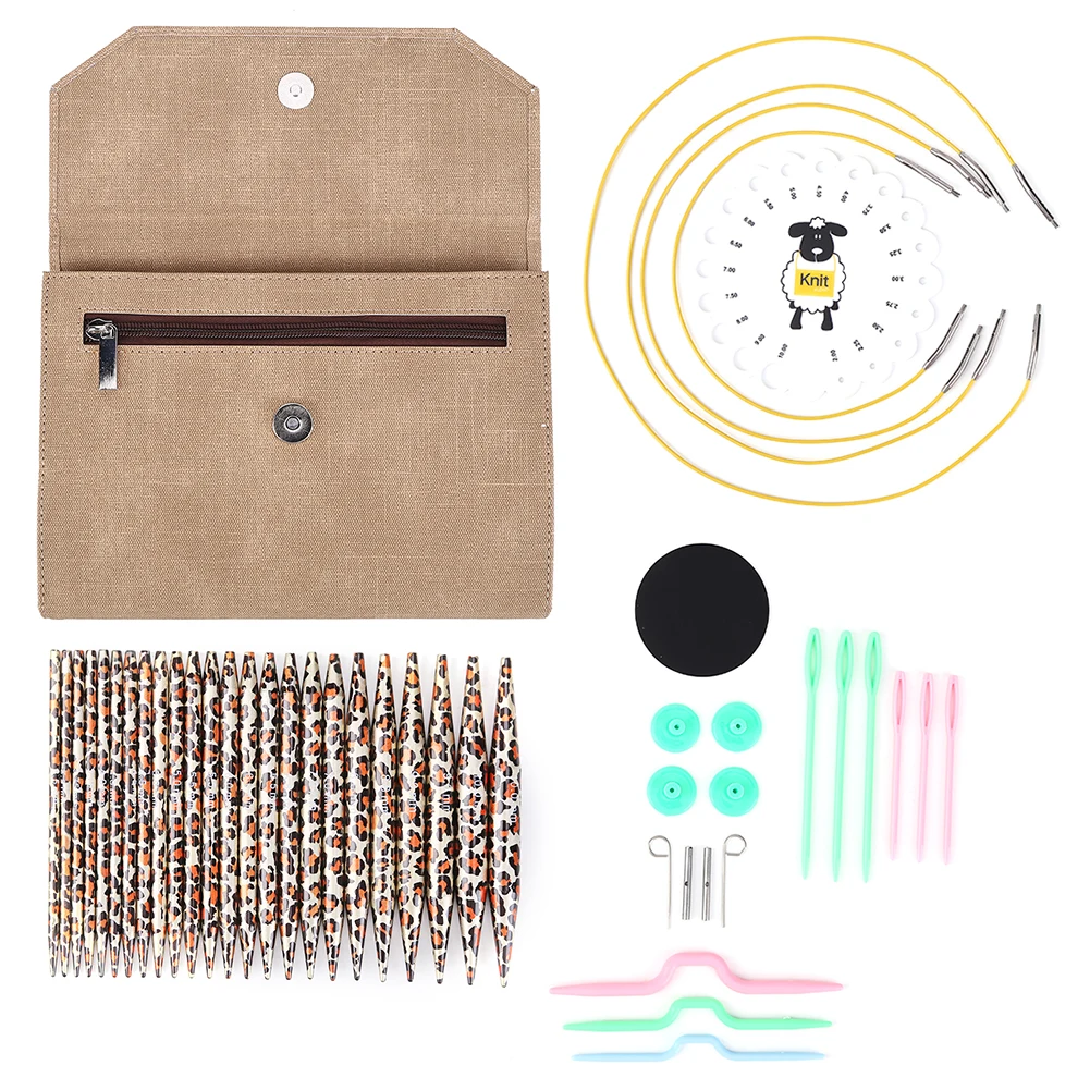 

12 Pairs Leopard Circular Ring Knitting Needles Household Detachable DIY Sewing Tool Kit Accessories with PU Storage Case Bag