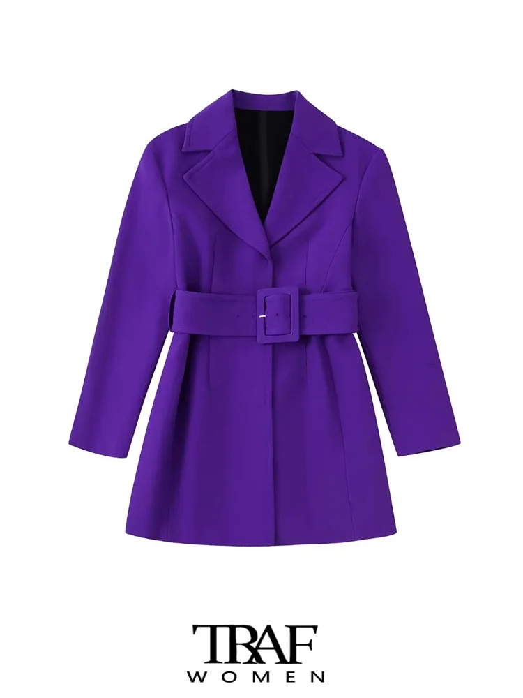 

TRAF Women Fashion With Belt Front Snap-button Mini Dress Vintage Lapel Collar Long Sleeve Female Dresses Vestidos Mujer