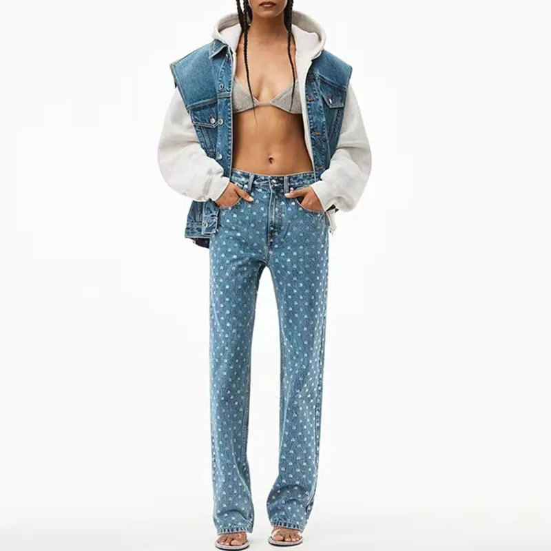 

Винтажные джинсы AW 2022 с высокой талией, уличная одежда, прямые джинсовые брюки с бриллиантами и широкими штанинами, модные повседневные сво...