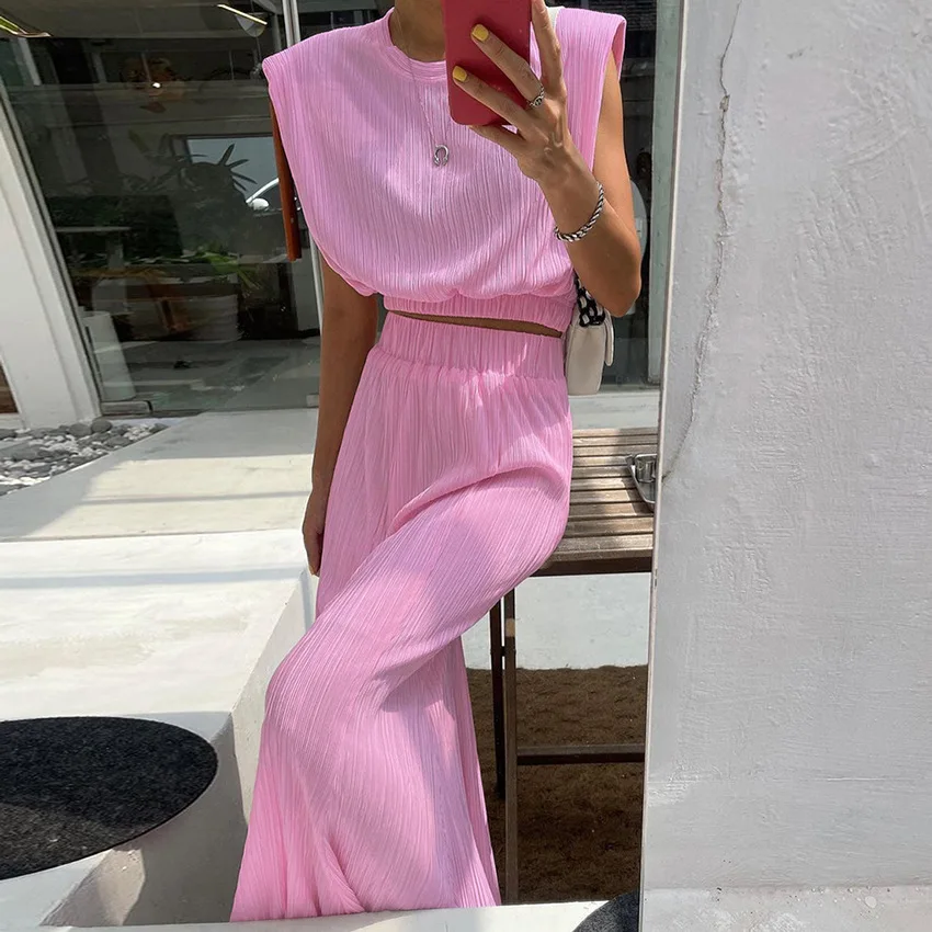 

Women Fashion Sexy Crop Tops 2 Piece Sets 2022 Summer Festive Party Skirt Suits Solid Sleeveless Vest And Long Skirt Outfits