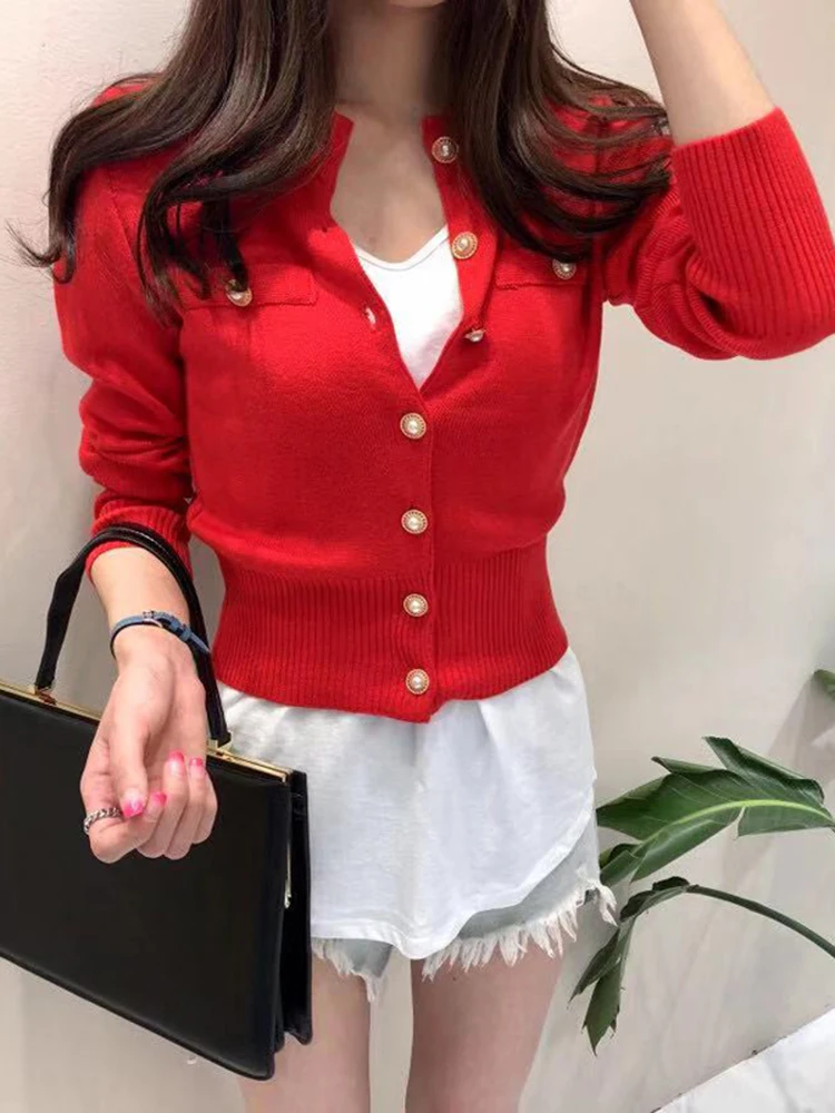 

Zoki New Women Cardigan Sweater Fashion Spring Knitted Long Sleeve Short Coat Chic Korean Slim Button Ladies Soft Tops