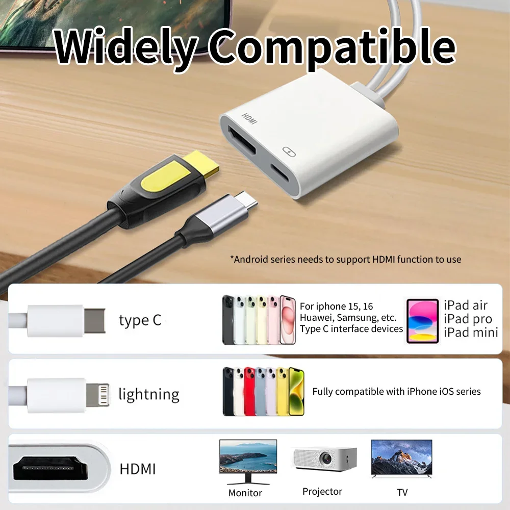 Фото Адаптер Lightning/Tipo C USB C Digital AV HDMI 4K @ 60 Гц для iPhone 16 15 14 13 12 11 Pro Max XS XR 8 для монитора №3