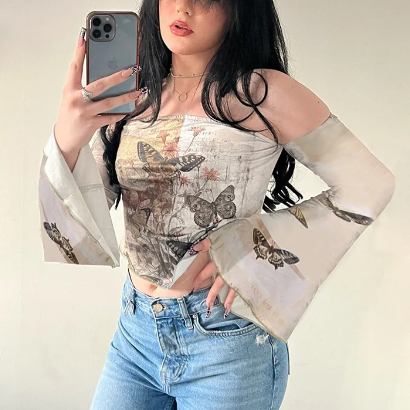 

Summer Butterfly Printed Goth T Shirt Vintage Long Sleeve Tops Streetwear