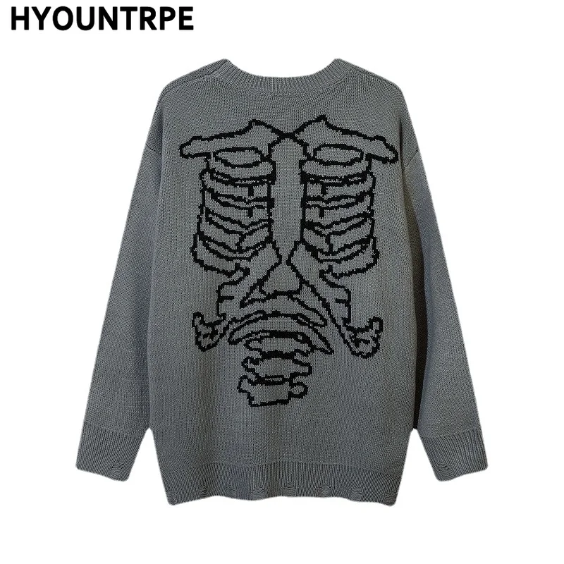 Hip Hop Skull Knitted Oversized Sweater Mens Autumn Winter O-neck Long Sleeve Pullover Streetwear Casual Loose Sweaters Clothing