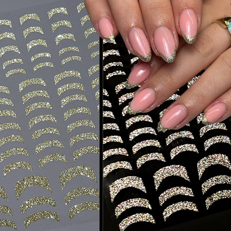 

1PC Gold Glitter French Line Nail Sticker Shiny Stripe Lines Wave Geometry 3D Decals Sliders Self Adhesive Nail Art Decoration