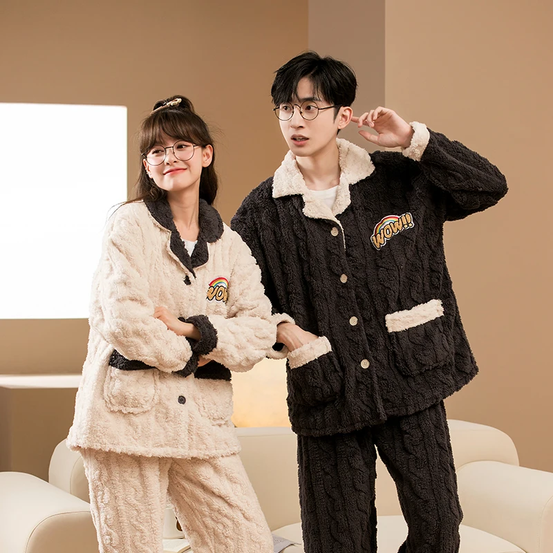 Winter Thick Pajamas Couple Fashion Lapel Home Clothes Sweet Cute Sleep Wear Suit