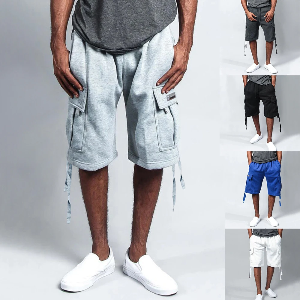 

Summer American Street Youth Hiphop Casual Daily Men's Loose Breathable Drawstring Solid Color Five-point Pants
