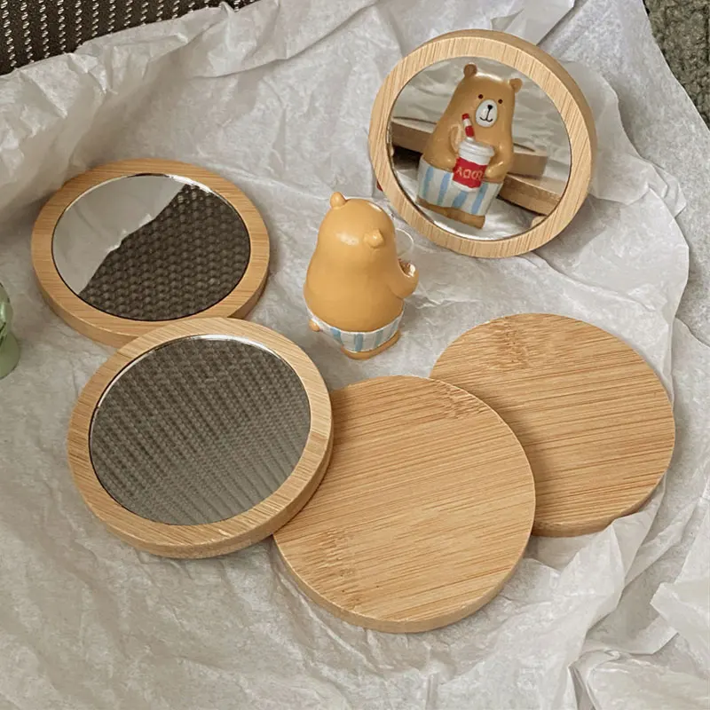 

200Pcs Pure Wooden Cosmetic Mirror Round Portable Mirror Makeup Portable Small Princess Mirror