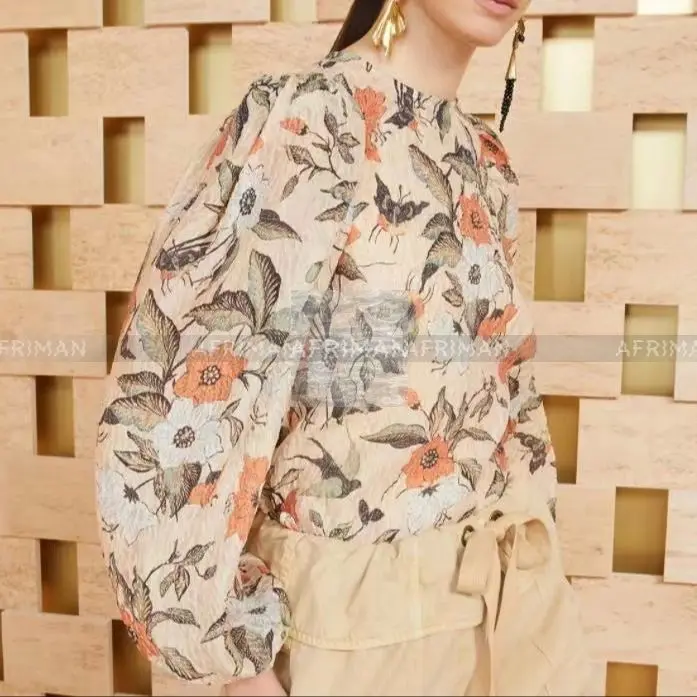

Women Vintage Style O Neck Lantern Sleeve Retro Print Cotton Blouse Top