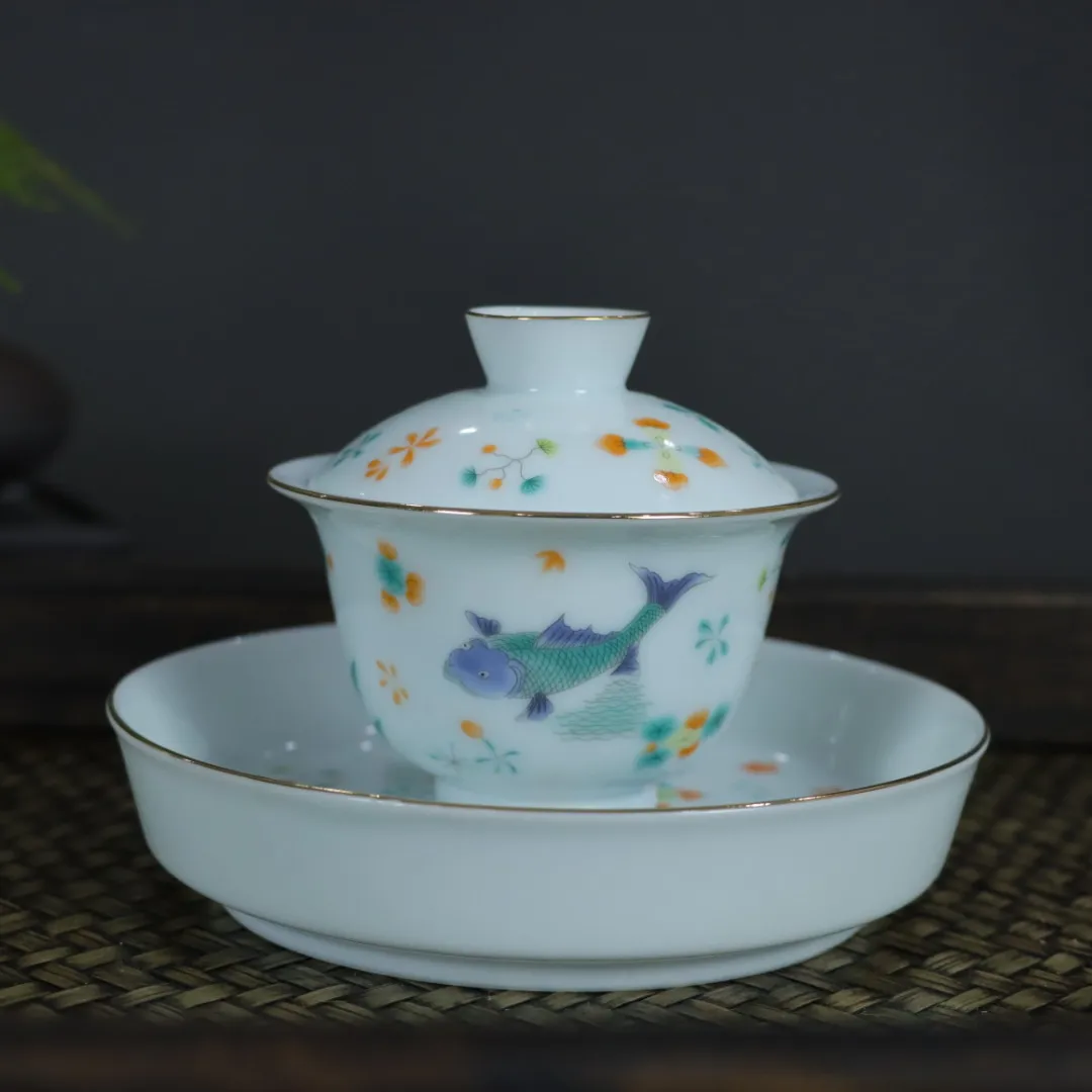 Чайный сервиз Gaiwan Jingdezhen Pink Glaze Fish Bath Pattern Porcelain Kombucha Single Bowl Making Device Cup