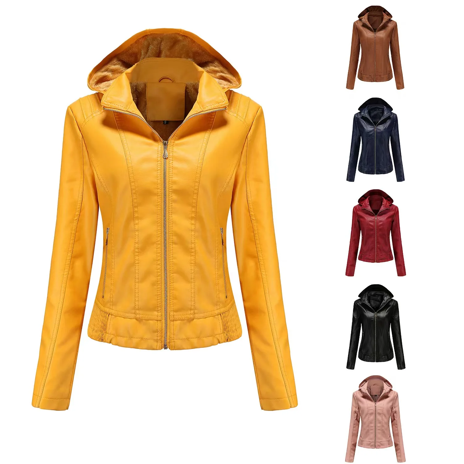 2022 autumn and winter hooded PU leather women's detachable hat zipper long sleeve plus fleece leather jacket slim coat