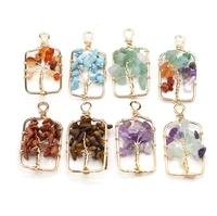 natural stone pendant rectangle shape chip crystal stone life tree wire hand knitting charm for jewelry making necklace bracelet