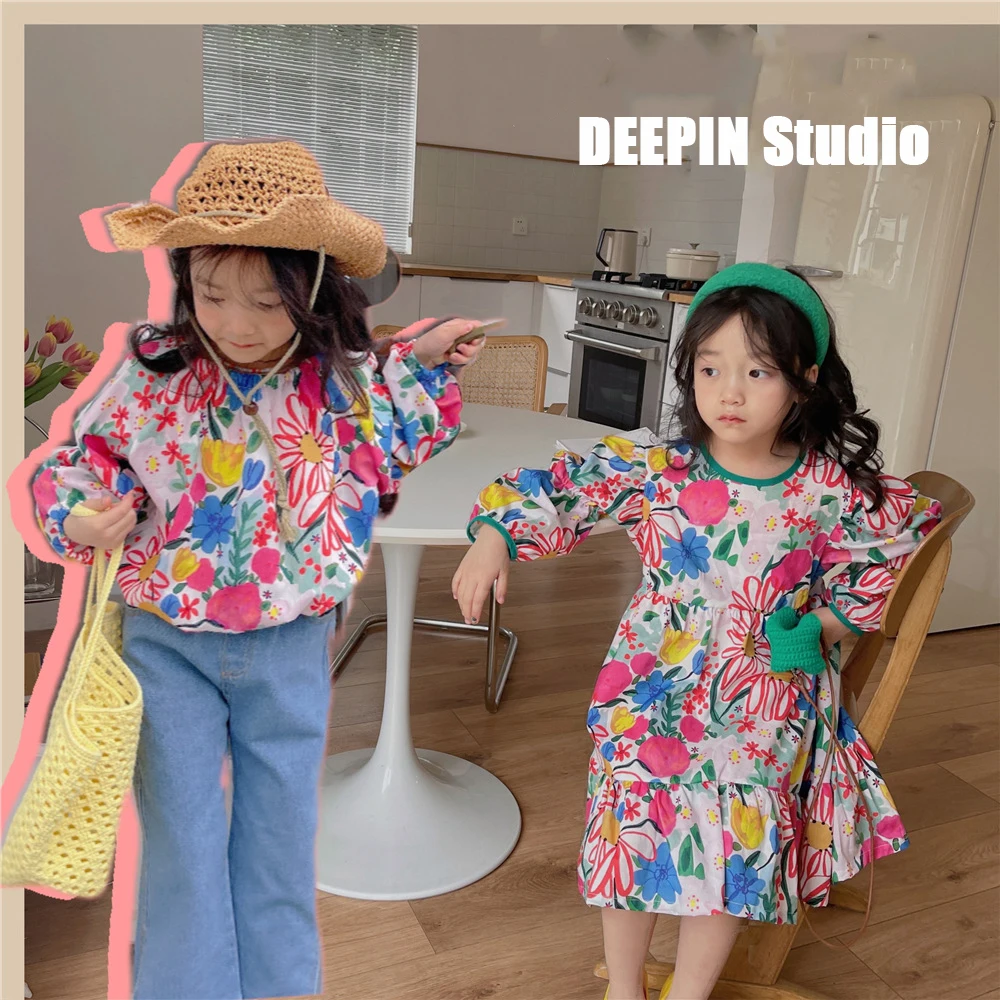 

Sisters Floral Tops & Dresses 2022 Spring New Children's Girl Printed Dresses Baby Girls Floral Shirts Cotton Breathable Dresses