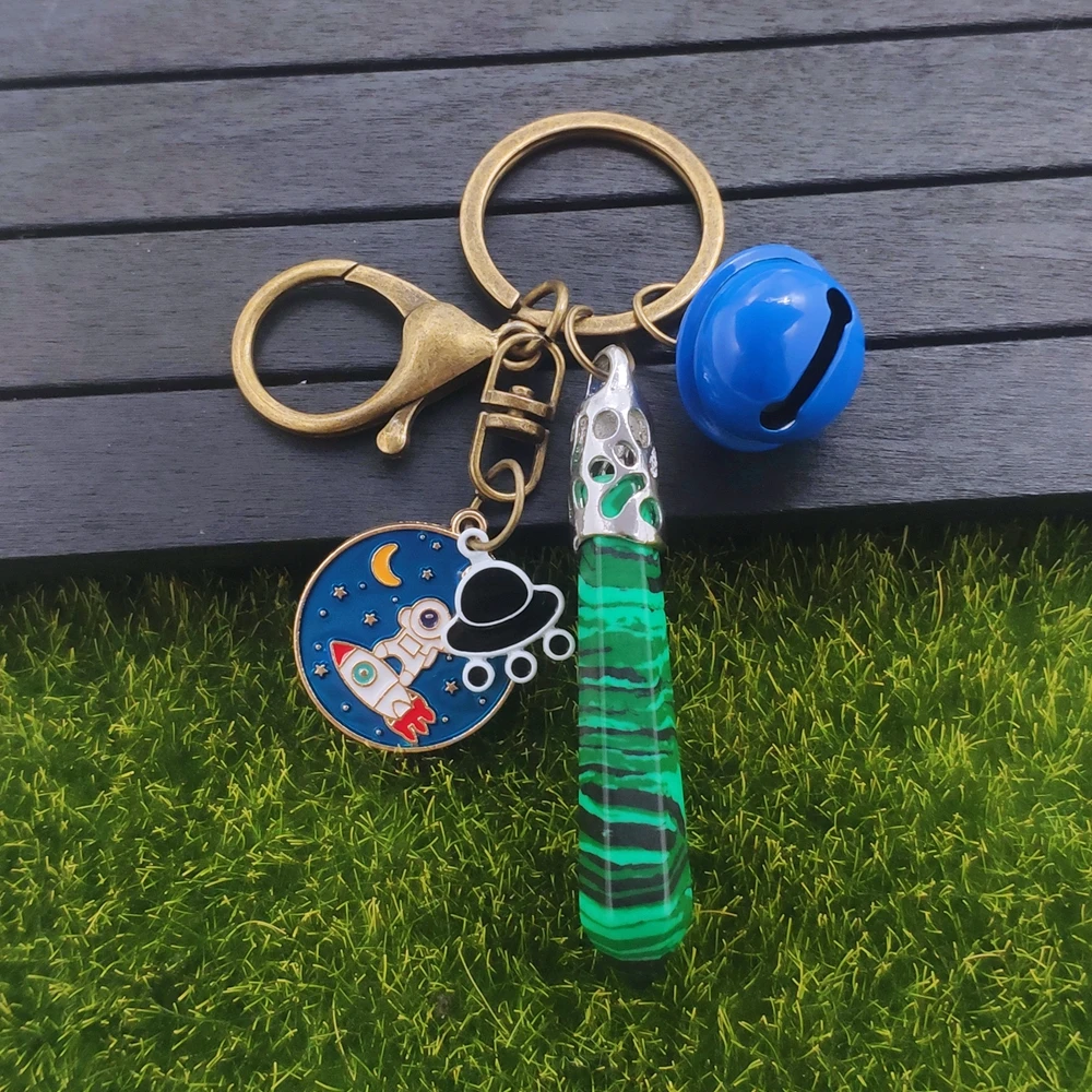 

Natural Stone Keychain Dark Brown Resin Alloy Sky Astronaut Key Ring Bell Smiling Face