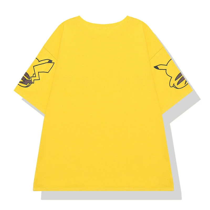 Покемон Пикачу Оверсайз футболка, милое круглое горлышко, короткий рукав, косплей, женская футболка, стройное модное платье для студентов, модный костюм пары на.