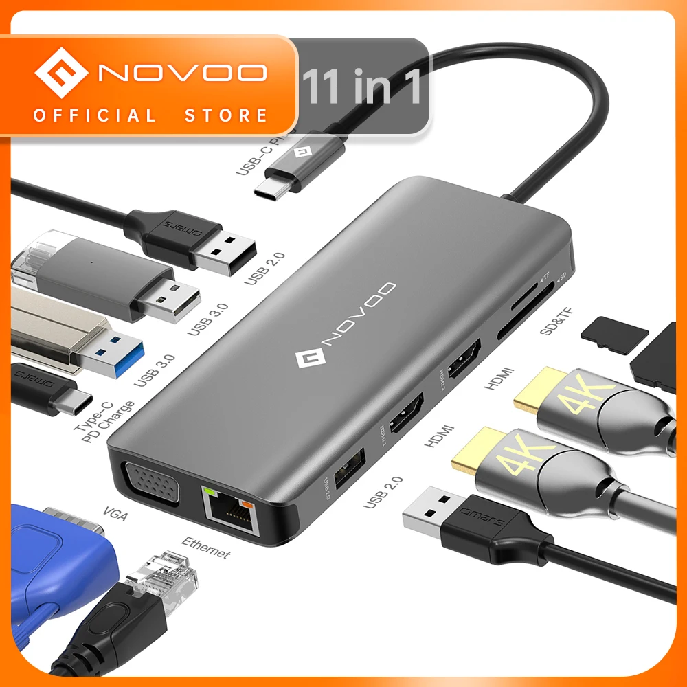 

NOVOO 11 Ports Type C to HDMI-compatible VGA HUB 4 USB 3.0 2.0 Splitter PD 100W RJ45 SD TF Reader For MacBook Pro Air Laptop