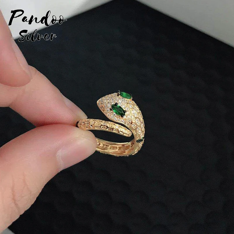 

Fashion S925 Sterling Silver Original Jewelry, Paved Zirconia Green Eye Snack Ring With Logo For Women Serpent Finger Ring