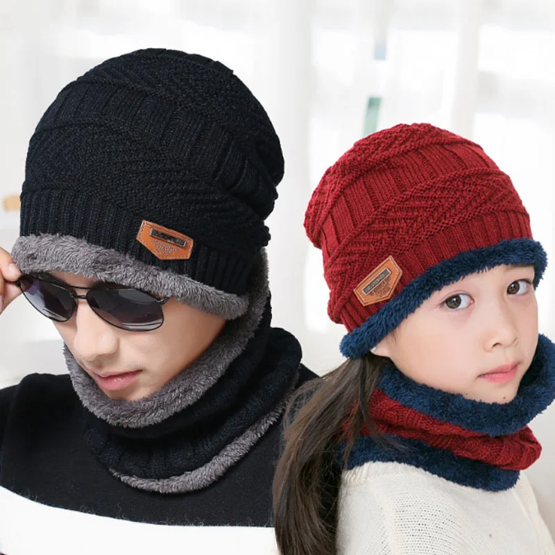 

Scarf and Winter Hat for Men Plush Warm Thick Knitted Hat Colorblock Design Skullie Cap Bonnet Couple Curled Edge Beanie