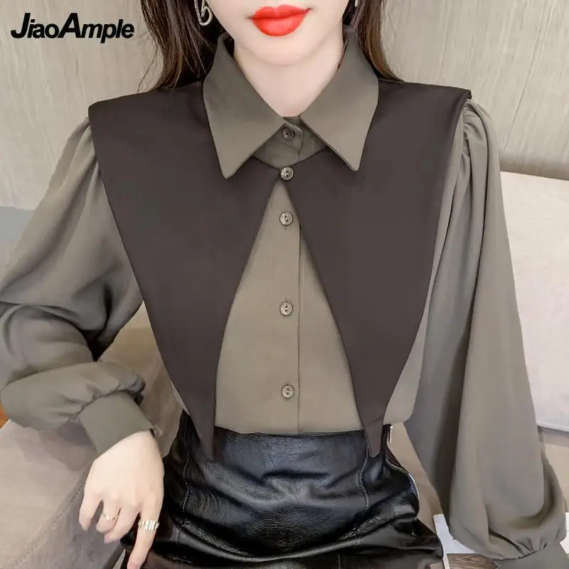 

Women's Autumn Casual Shirt Blazers Suit 2022 New French Retro Polo Collar Puff Sleeve Blouse + Suit Small Shawl Two Piece Set