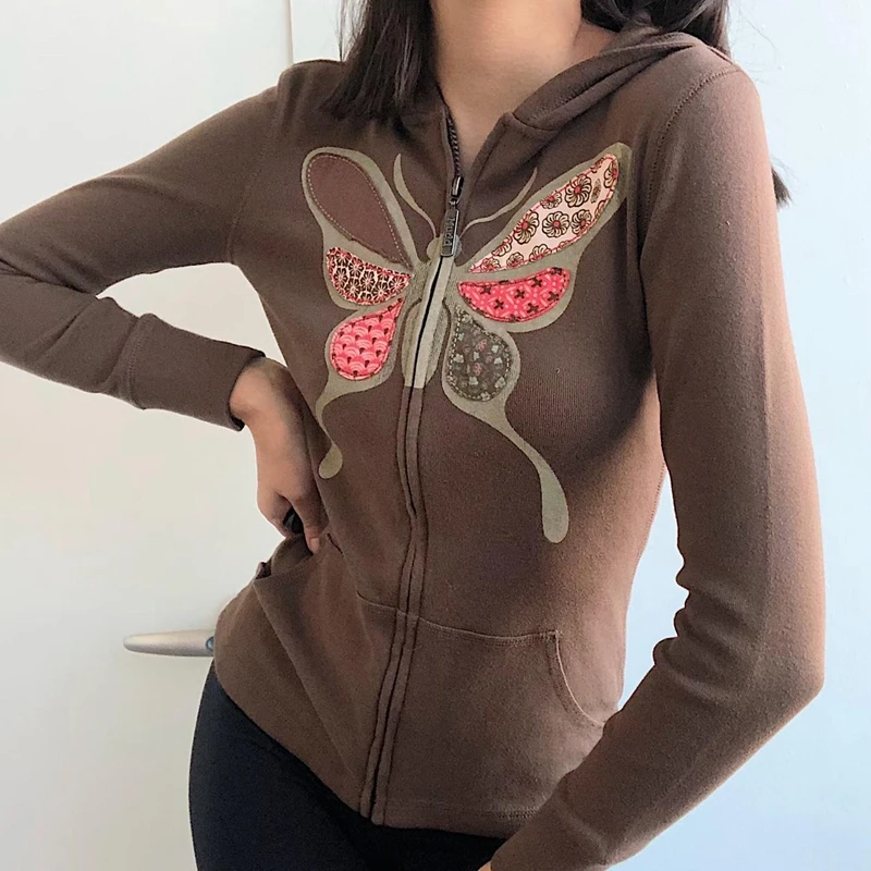 

Butterfly Pattern Zip Up Hoodies 00s Retro Chic Women Full Sleeve Slim Jackets Coats Vintage Grunge Sweatshirts Y2K 2022