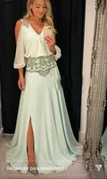 verngo mint green chiffon beads prom dresses v neck long sleeves floor length women evening gown