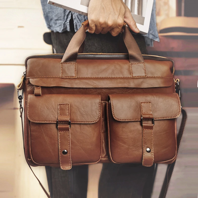 Genuine Leather Men's Casual Leather Bag Laptop Bag Men's Business Shoulder Bag Travel Messenger Bag Briefcase Multi Pocket