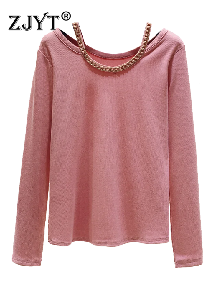 

ZJYT Korean Style Women T Shirt Long Sleeve Streetwear Spring Fashion Chains Collar Sexy Slim Tees and Tops Casual Female TShirt