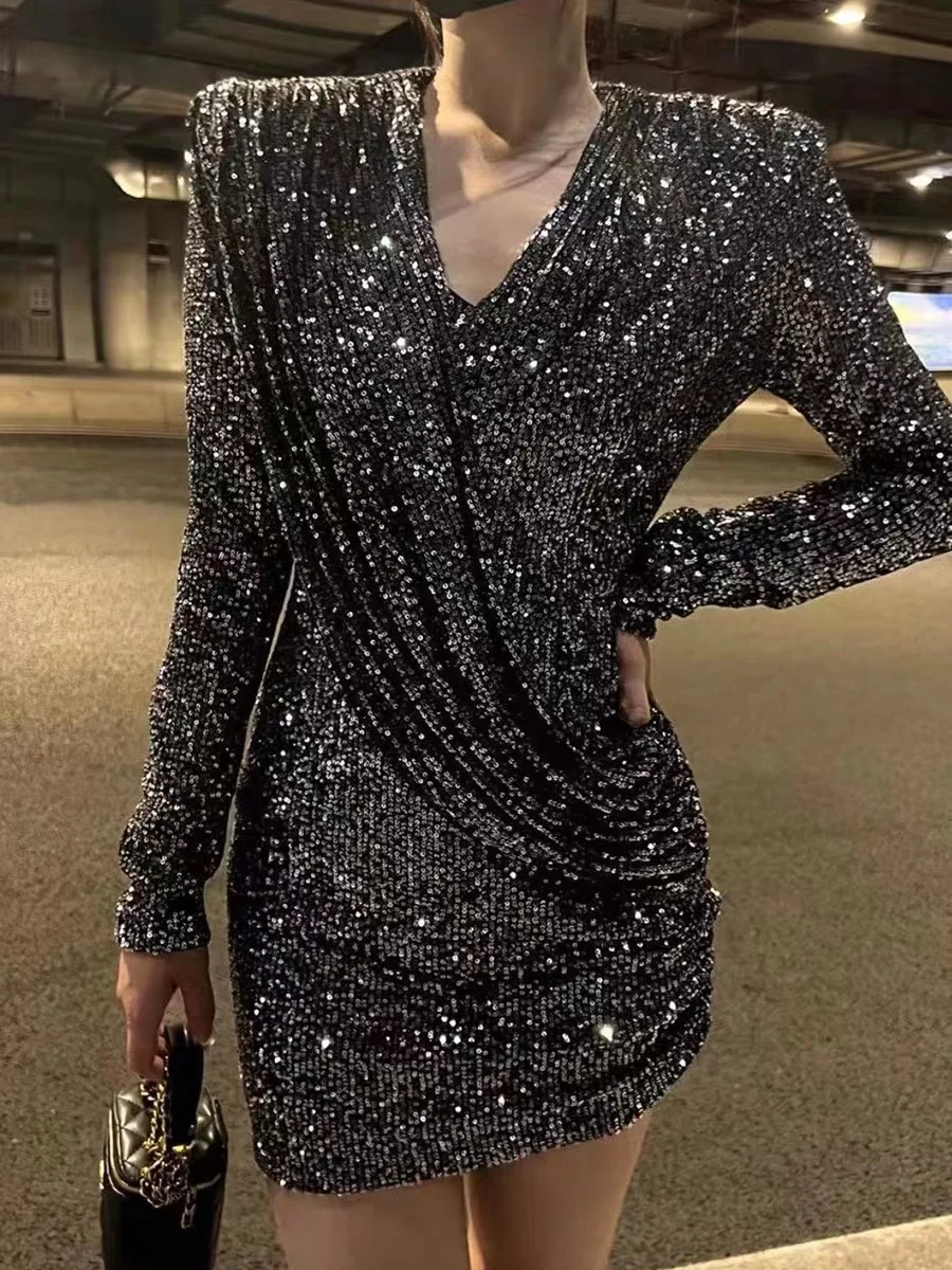 

Slim V-neck elastic bead shiny long sleeve dress vestidos de tricô femenino