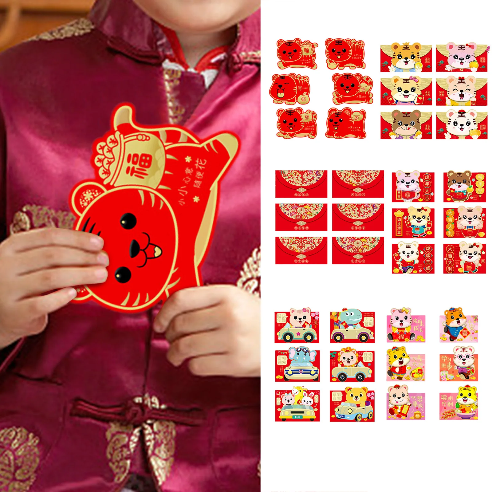 

6 шт., красные конверты на удачу, милый пакет, бумажный пакет с тигром, китайским Гонконгом Бао, красные конверты, товары для праздника Весны, ...