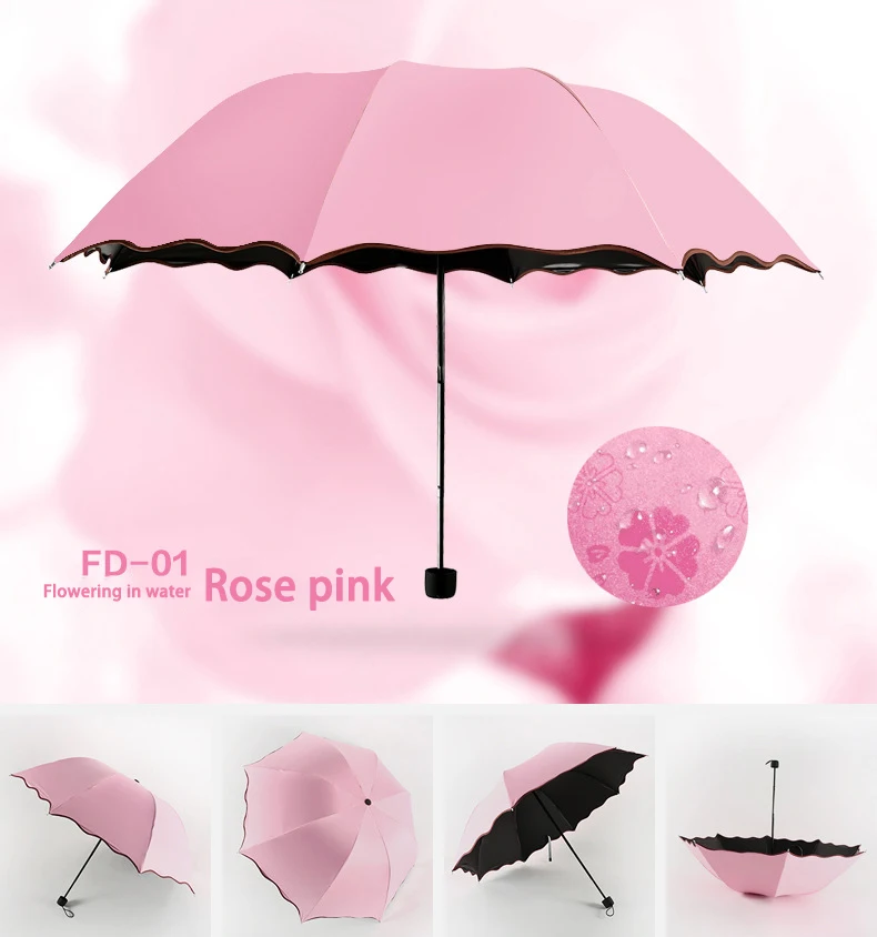 

Portable Windproof 3-Fold Umbrella Meet Water Flowering Sunny and Rain Dual-use Umbrella Anti-UV Sun Umbrella Strong Umbrella