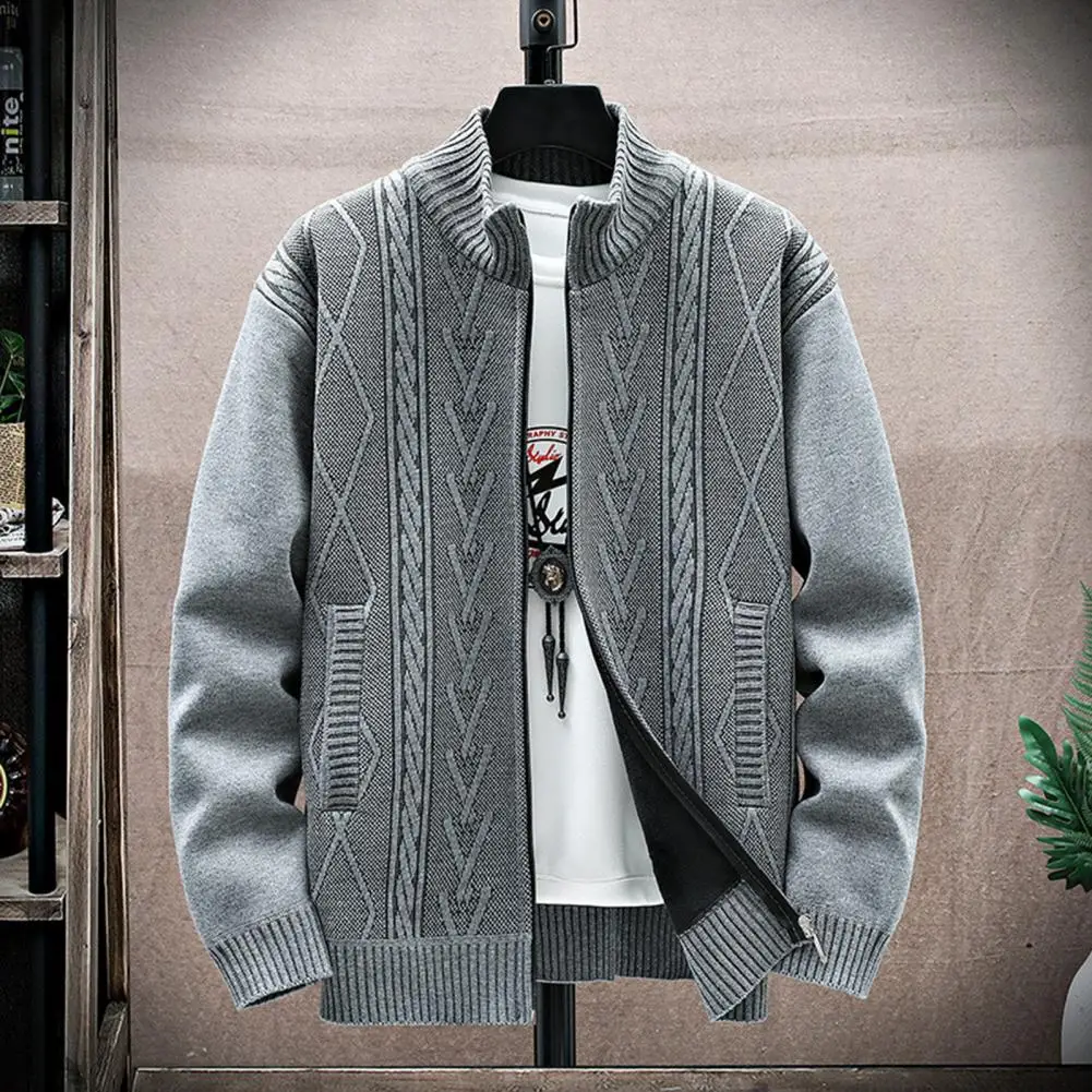 

Solid Color Cardigan Coat Stylish Men's Knitted Cardigan Coat Warm Zip-up Pockets for Fall Winter Fashion Men Casual Coat