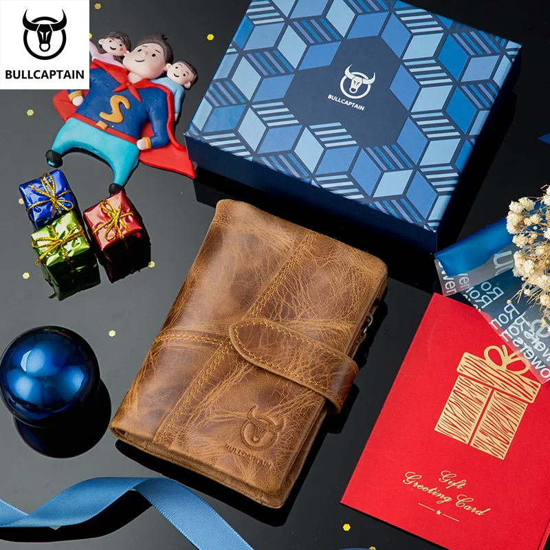 BULLCAPTAIN Men short Wallet Genuine Leather Retro Casual Multifunction Anti-theft brush Top layer cowhide Detachable coin purse