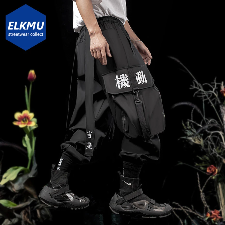 Kanji Zip Pockets Oversized Techwear Cargo Pants Long Ribbons Streetwear Harajuku Hip Hop Black Joggers Trousers Unisex Pants