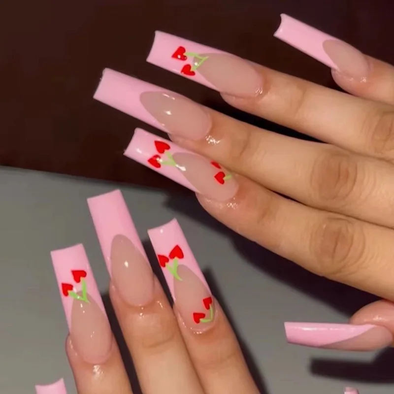 

Kawaii Love Cherry Nails Press on Y2K Pink French Coffin Design Long Stiletto Fake Nails with Glue False Stick on Tips 24PCS