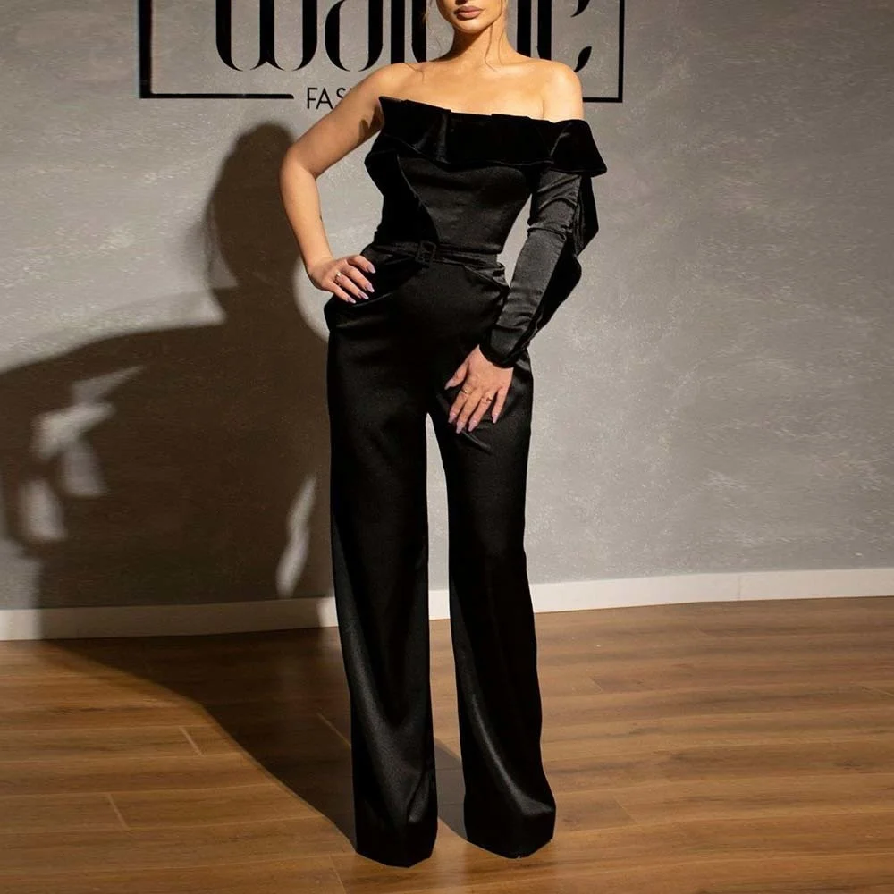 

Off-The-Shoulder Asymmetric Ruffled Empire Straight Leg Jumpsuits
