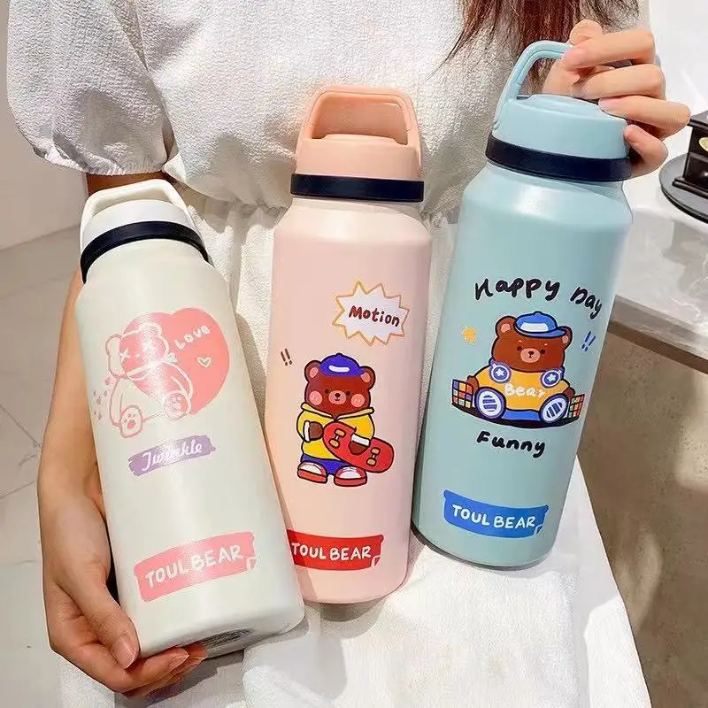 

Термос большой емкости 1400 мл, Женская милая соломенная чашка для воды, студенческий Мужской портативный уличный чайник из нержавеющей стал...