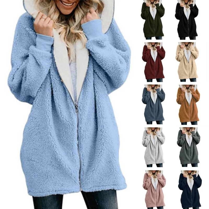 

Women Long Sleeve Hoodie for JACKET Fuzzy Plush Full Zip Loose Pockets Outwear C