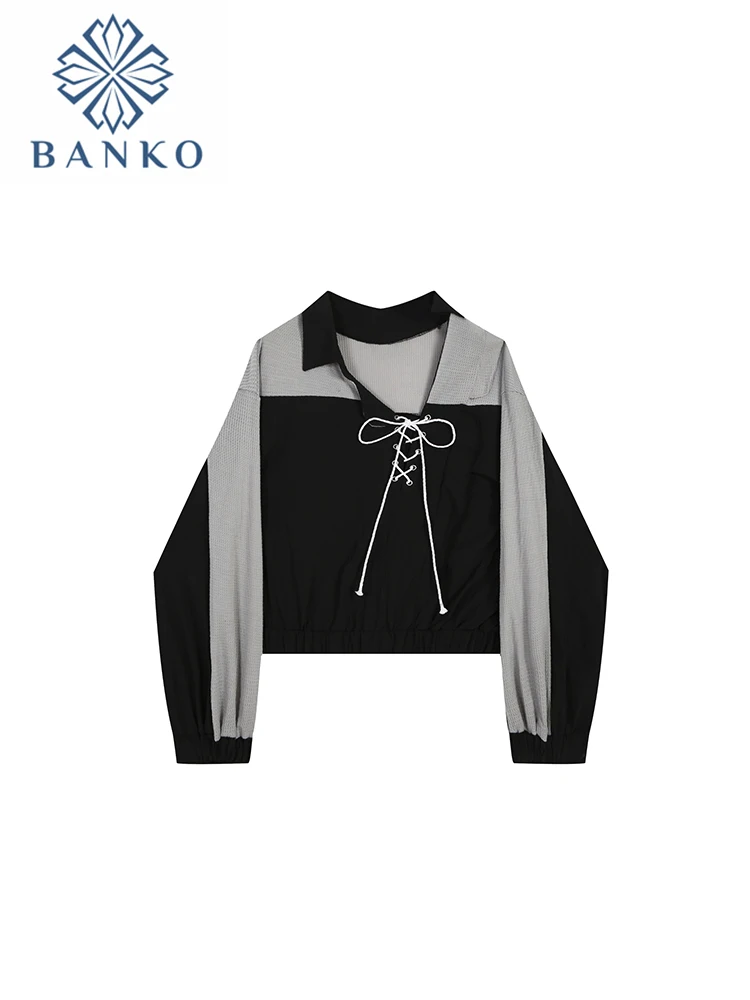 

Contrast Color Drawstring Tie Up Design Women Autumn Sweatshirts Irregular V-neck Long Sleeve Loose Hoodies Pullover Patchwork