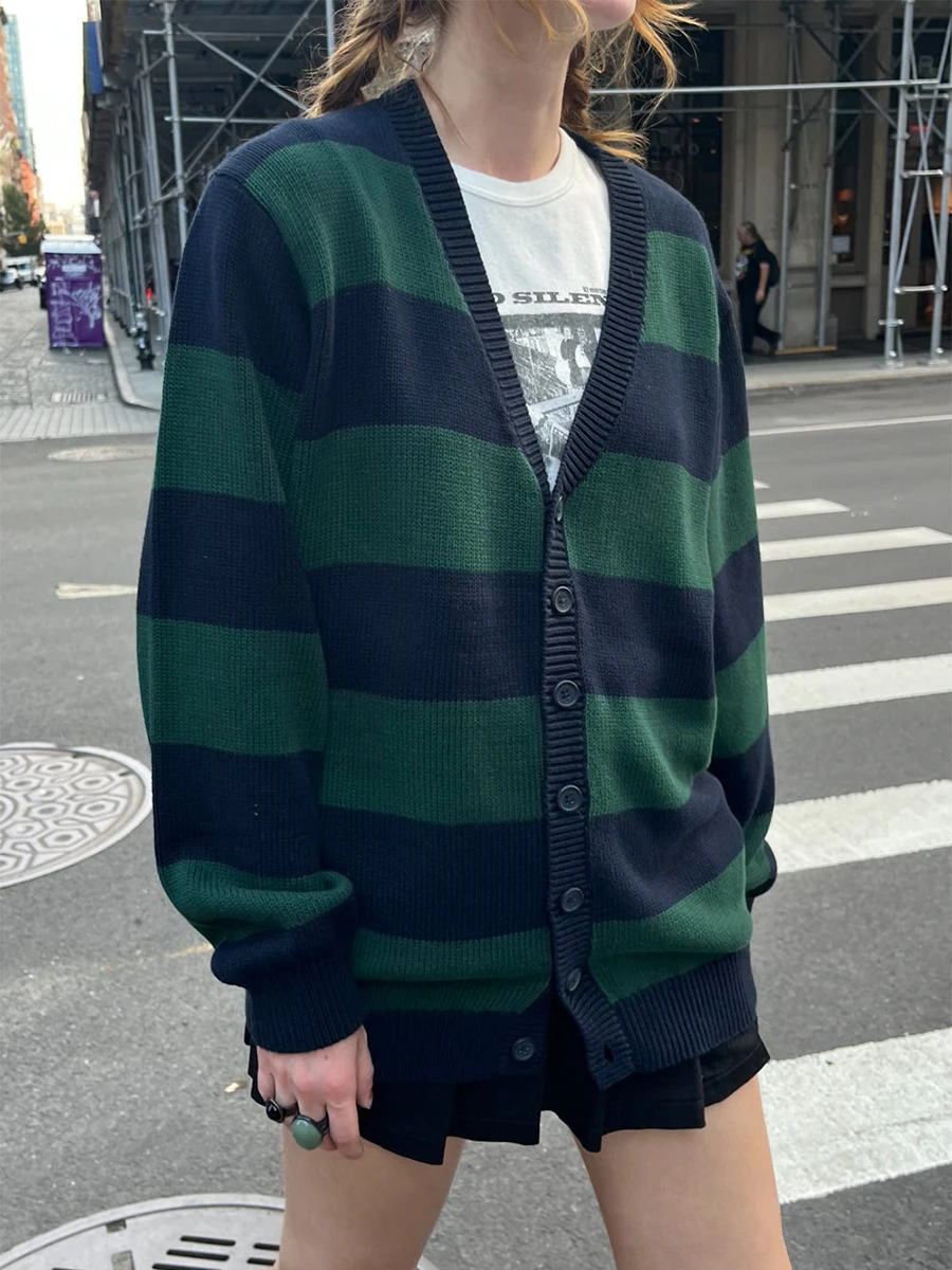 

Women's Autumn Knitted Cardigan Long Sleeve V Neck Button Stripe Preppy Kawaii Knitted Sweater Black Green Top Cardigan