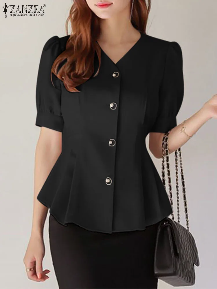 

ZANZEA Vintage Office Tops Summer Puff Sleeve Blouse Woman Fashion Solid Blusas Ruffles Hem Elegant Shirt Female OL Chemise 2023