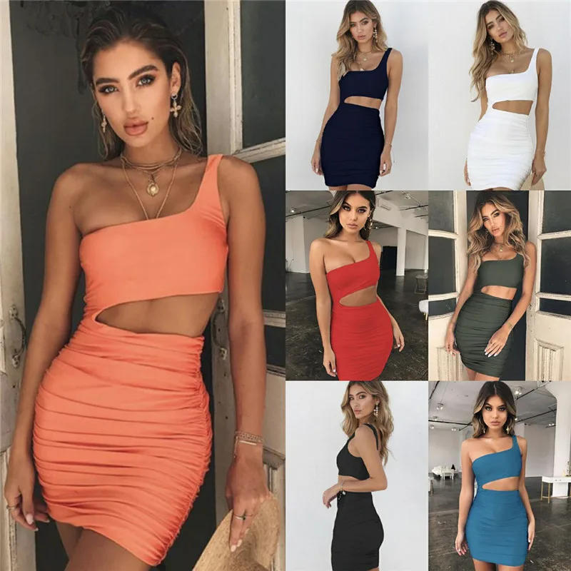 Elegant Party Bodycon Dress Women One Shoulder 2022 New Sleeveless Stretchy Slim Pleated Nightclub Sexy Summer Mini | Женская одежда