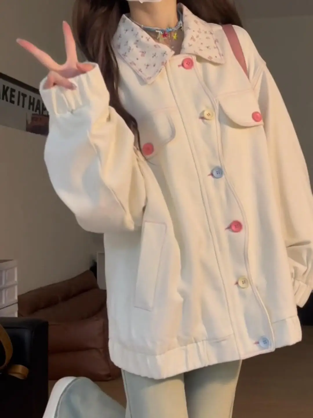 Vintage Japan fashion Outerwear Women Autumn and Winter Loose Korean Series Wear Top Patchwork Design Color Button Jacket