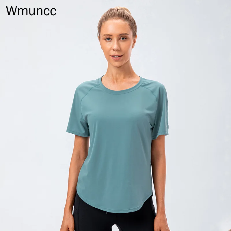

Wmuncc Women Sports Shirt Fitness Short Sleeves Nylon + Spandex Nude Fabric Soft Stretch Yoga Tops Black Sportswear