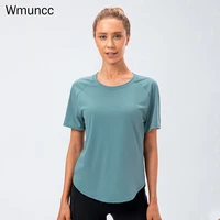 wmuncc women sports shirt fitness short sleeves nylon spandex nude fabric soft stretch yoga tops black sportswear